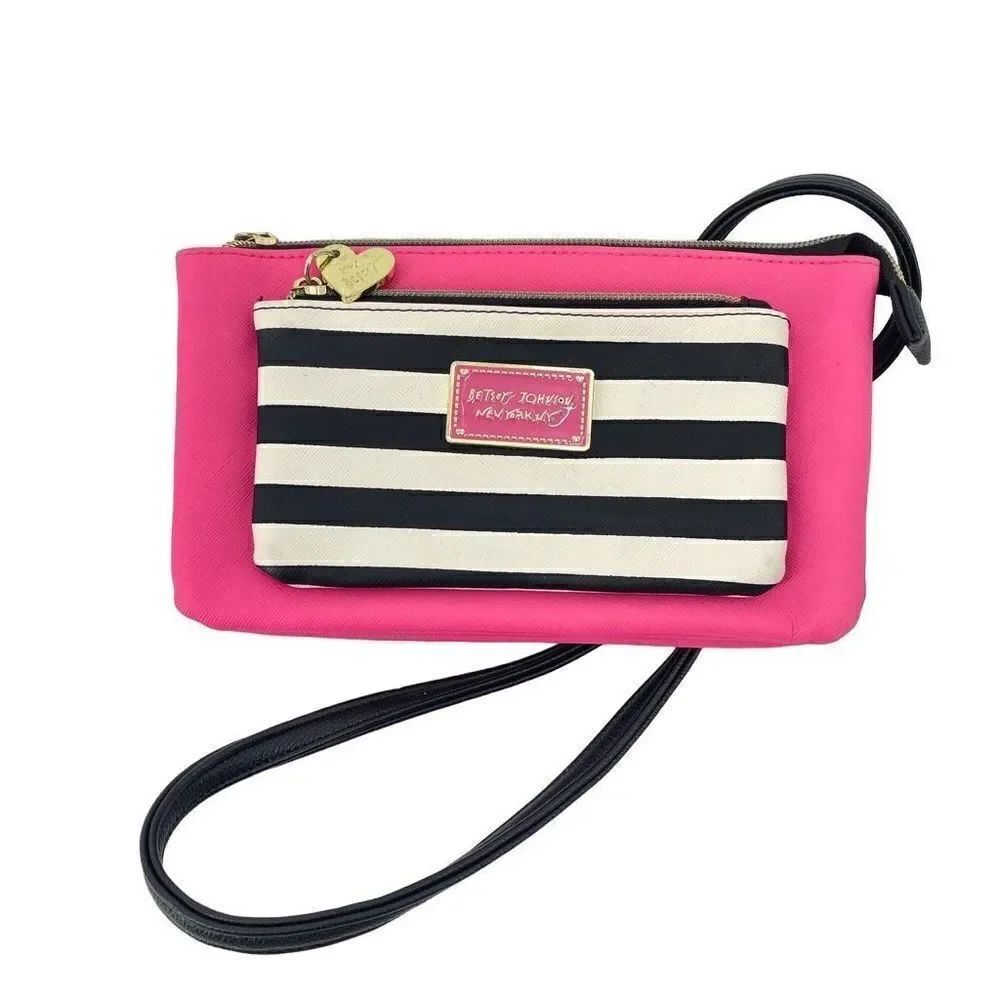Betsey Johnson New York NY Womens Crossbody Bag Striped Hot Pink Zippered